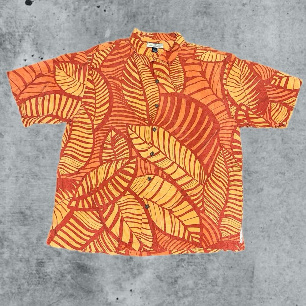 Tommy Bahama Orange Yellow Palm Leaf Pattern Hawaiian Mens Button Up (0591)